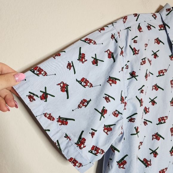 MBX skiing santa short sleeve button down shirt. Blue/Red. - Picture 10 of 16